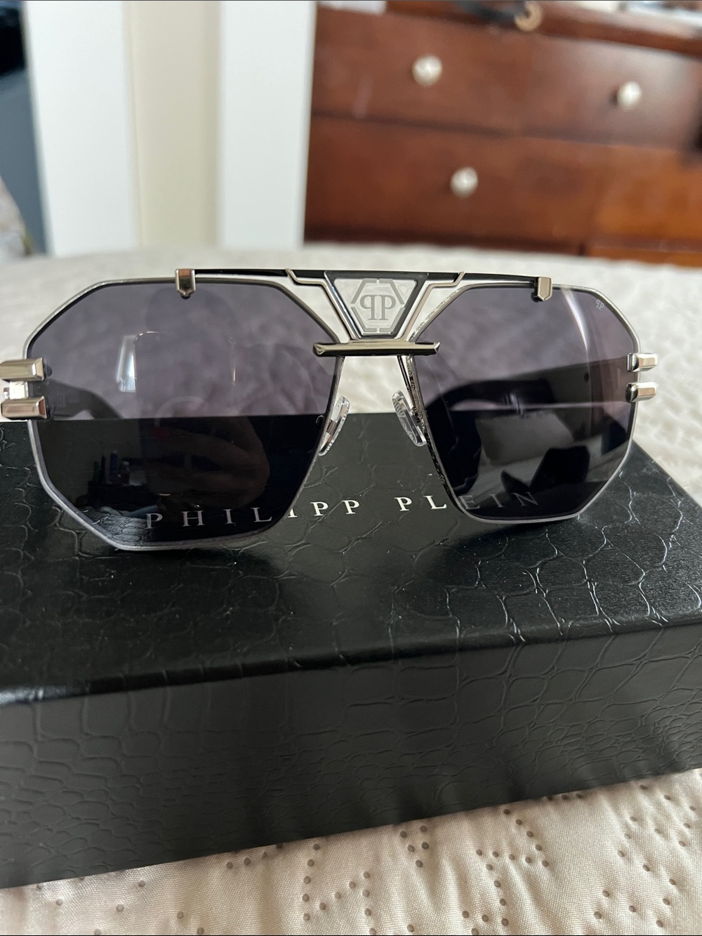 Philipp Plein Silver Sunglasses with Dark Gray Lenses